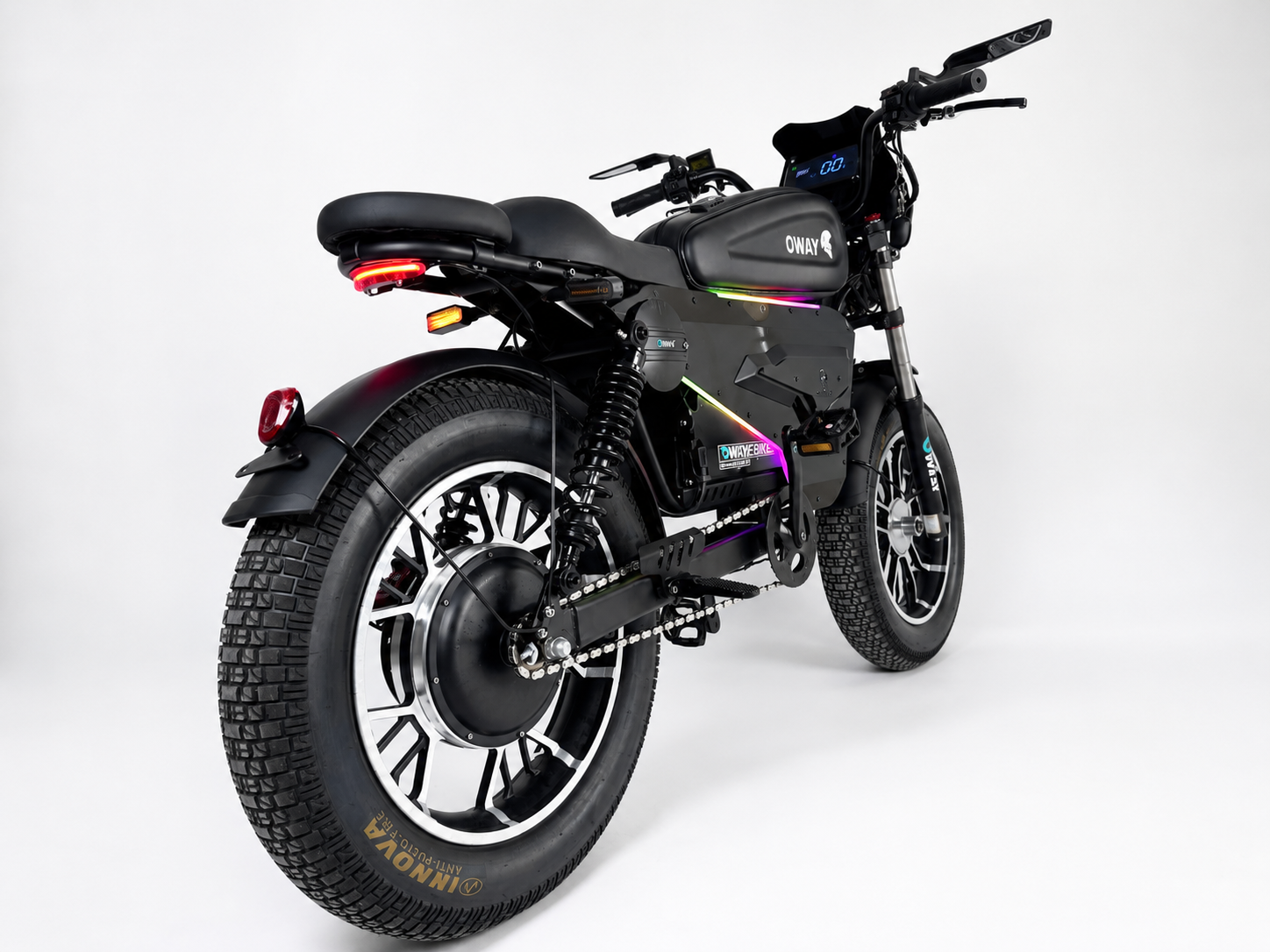 OWAY SK-1 Super Electric Bike 3000W Brushless Motor 60V 50Ah Full Suspension Ebike, 50MPH, 100-Mile Range, GPS, Adjustable RGB Battery Armor, New Windshield High-Strength Aluminum Alloy Wheels