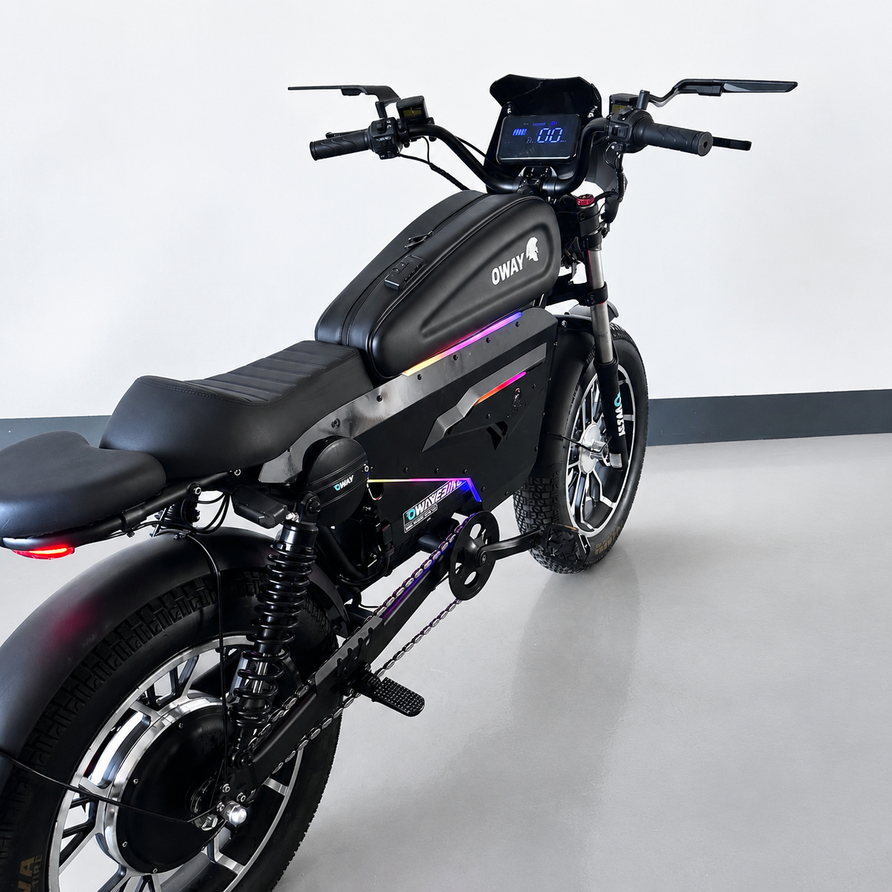 OWAY SK-1 Super Electric Bike 3000W Brushless Motor 60V 50Ah Full Suspension Ebike, 50MPH, 100-Mile Range, GPS, Adjustable RGB Battery Armor, New Windshield High-Strength Aluminum Alloy Wheels