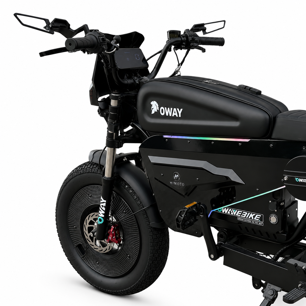 OWAY SK-1 Electric Bike 3000W Brushless Motor 60V 50Ah Full Suspension Ebike, 50MPH, 100-Mile Range, GPS, Adjustable RGB Battery Armor, New Windshield