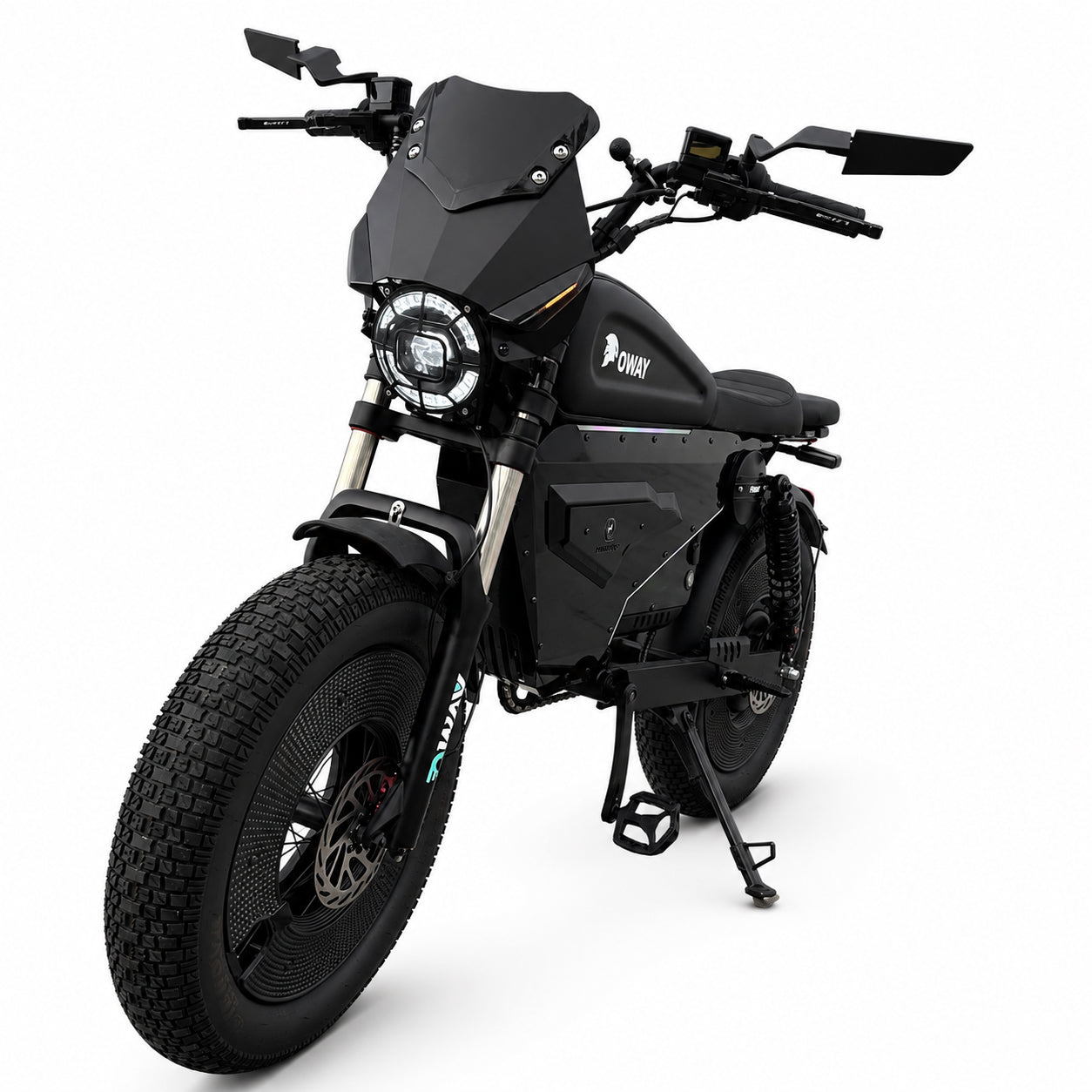 OWAY SK-1 Electric Bike 3000W Brushless Motor 60V 50Ah Full Suspension Ebike, 50MPH, 100-Mile Range, GPS, Adjustable RGB Battery Armor, New Windshield