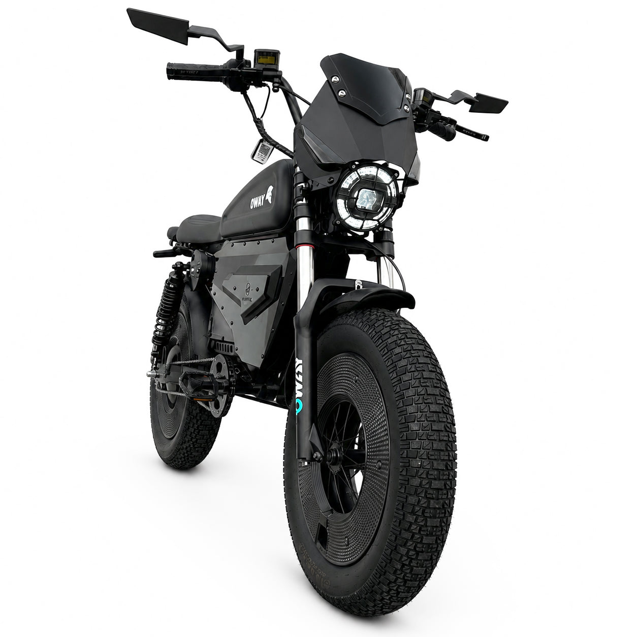 OWAY SK-1 Electric Bike 3000W Brushless Motor 60V 50Ah Full Suspension Ebike, 50MPH, 100-Mile Range, GPS, Adjustable RGB Battery Armor, New Windshield