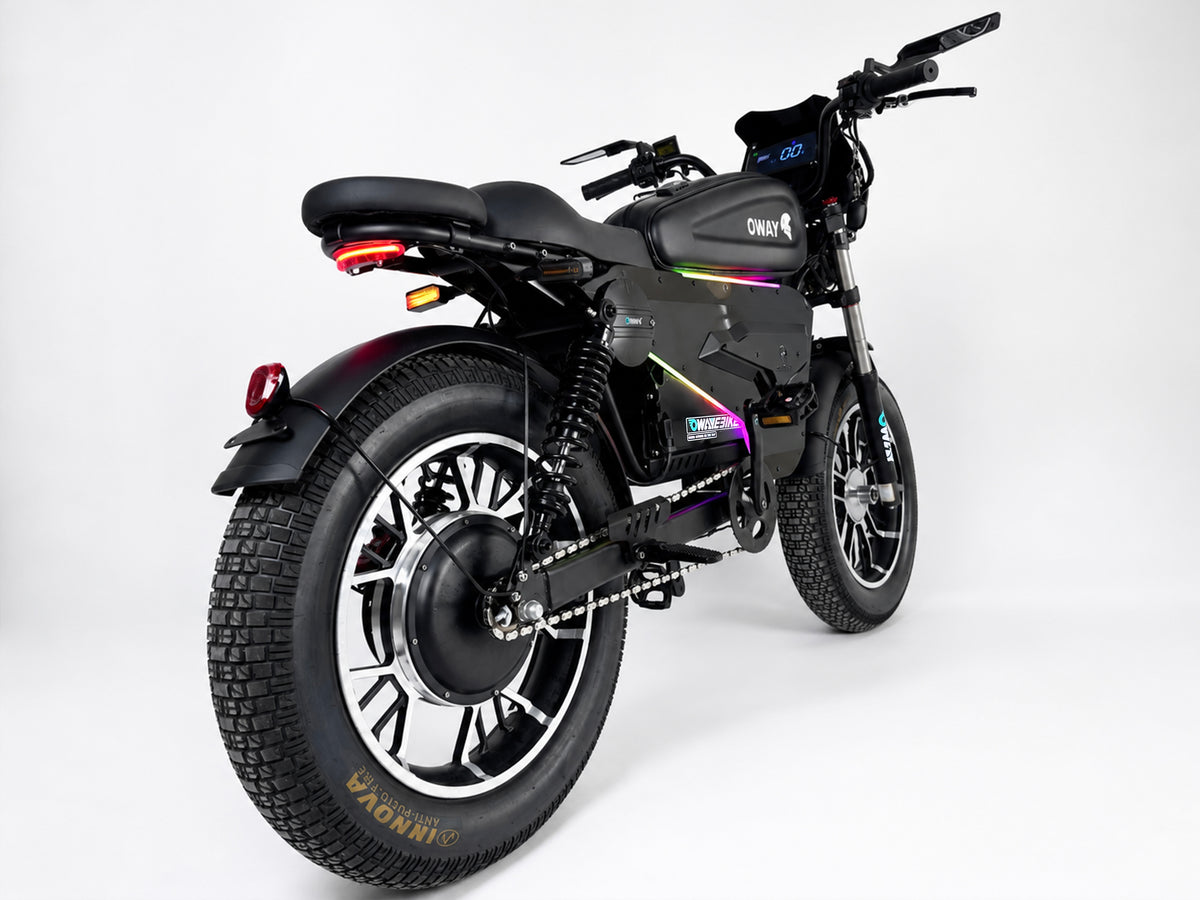 OWAY SK-1 Super Electric Bike 3000W Brushless Motor 60V 50Ah Full Suspension Ebike, 50MPH, 100-Mile Range, GPS, Adjustable RGB Battery Armor, New Windshield High-Strength Aluminum Alloy Wheels